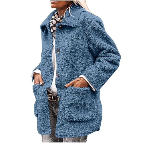Teddyjacke Damen Button Down Fleecejacke Einfarbig Winterjacke Reverskragen Jacke Winter Warm Plüschjacke Mode Mantel mit Tasche Bequeme Übergangsjacke kurzmantel Outwear für Frauen Teddy Cardigan von Generic