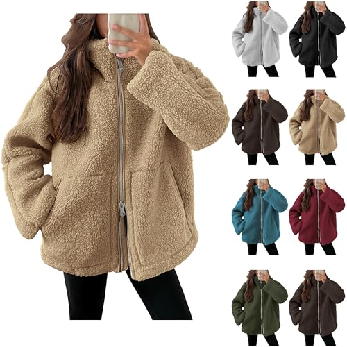 Teddyjacke Damen Teddy Fleecejacke Einfarbig Lockere Plüschjacke Revers Reißverschluss Winterjacke Winter Leichte Übergangsjacke Bequeme Kuscheljacke Mantel Oversize Outwear Wintermantel Strickjacke von Generic