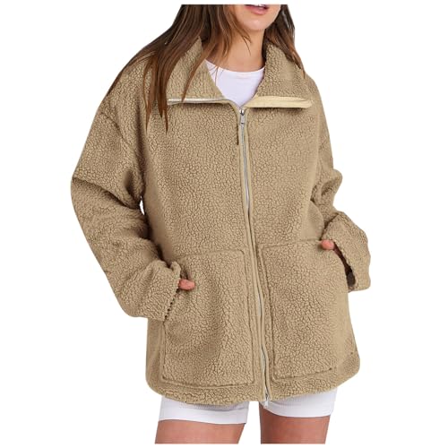 Teddyjacke Damen Teddy Fleecejacke Einfarbig Lockere Plüschjacke Revers Reißverschluss Winterjacke Winter Leichte Übergangsjacke Bequeme Kuscheljacke Mantel Oversize Outwear Wintermantel Strickjacke von Generic