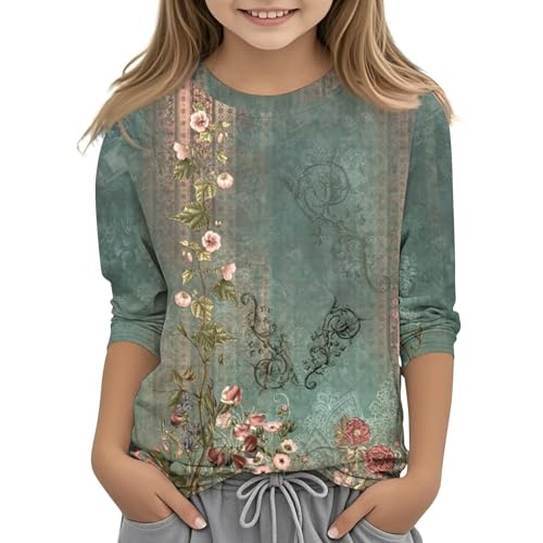 Teen Mädchen Blumen 3/4 Länge Ärmel Tops Sommer Crew Hals gemusterte Bluse Casual Athletic Tops für Kleinkind Kind𝐞r weiche Bequeme Unterhemd Workout Outfit Kleidung (Green-E, 10-11Years) von Generic