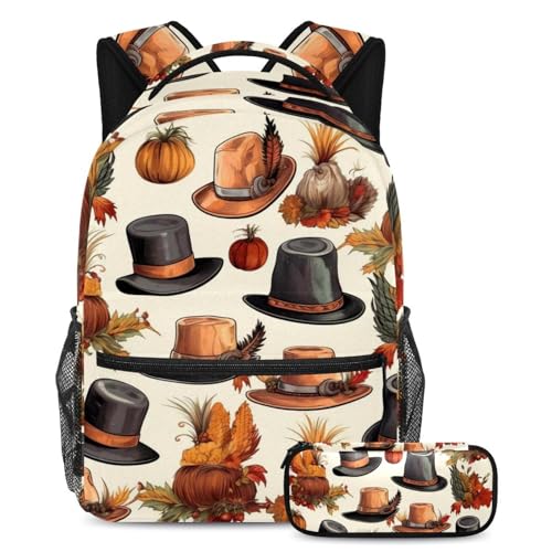 Thanksgiving-Hüte, 2-teiliges Kinder-Schulranzen-Set für Jungen, Mädchen, Teenager, Reisebuchtasche für Schüler mit Federmäppchen, Mehrfarbig #03, B：29.4x20x40cm P：19x7.5x3.8cm, Daypack Rucksäcke von Generic