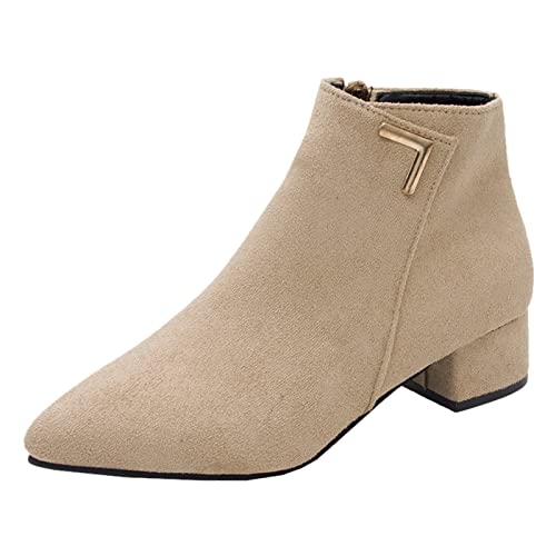 Thermische Retro Stiefeletten Damen Hohe Absätze Atmungsaktive Winterstiefel Reißverschluss Kurze Chunky Blockabsatz Thermoschuhe Modische Boots (Beige, 42) von Generic