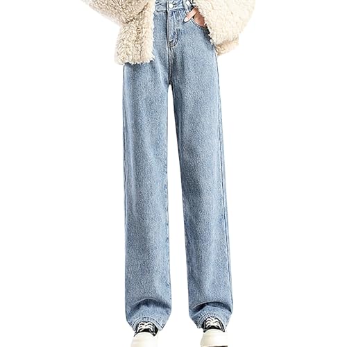 Thermo Jeans Damen Thermojeans Damen High Waist Straight Leg Baggy Jeans Winter Fleece Gefütterte Jeanshose Damen Lockere und Bequeme Thermohose mit Innenfleece Kuschelhose Winterjeans von Generic