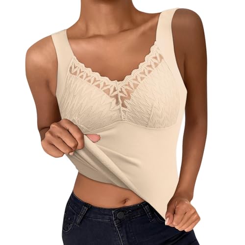 Thermo Trägershirt Damen Tank Top mit Spitze Ärmellose/Langarm Elegant Top Unterhemd V-Ausschnitt Warm bequem Thermooberteile (01 Beige, 3XL) von Generic