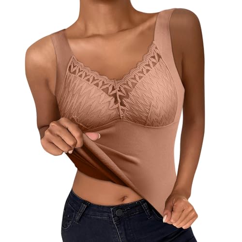 Thermo Trägershirt Damen Tank Top mit Spitze Ärmellose/Langarm Elegant Top Unterhemd V-Ausschnitt Warm bequem Thermooberteile (01 Kaffee, XL) von Generic
