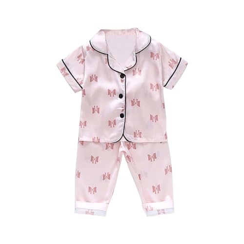 Tier Schlafanzug Baby Satin Zweiteiler Mit Süß Schleifedrucken Hase Pyjama Babymädchen Seide Neugeborene Kurzarm Top Hose Set Button Up Hausschuhe (Pink, 18-24 Months) von Generic