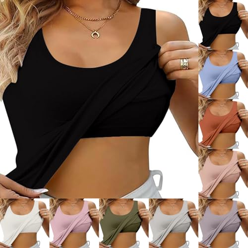 Top Damen, Top mit Integriertem BH Sport Tank Top U Ausschnitt Unterhemden BH Integriert Ohne Bügel Gepolstert Verstellbarer Spaghettiträger Tops für Damen mit Cups Basic Bequeme Tanktops von Generic