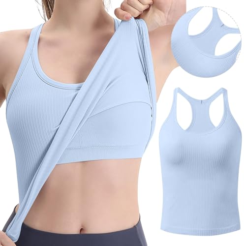 Top Damen, Unterhemden Damen Top mit Integriertem BH Basic Racerback Tank Top mit Regal BH Einfarbig Stretch Sport Tops Für Damen mit Cups Bequeme Fitting Yoga BH-Hemd Tanktops von Generic