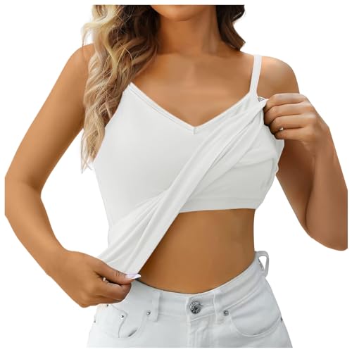 Top Damen, Unterhemden Damen Top mit Integriertem BH V Ausschnitt Ohne Bügel Gepolstert Spaghetti Tank Top Bequeme BH Hemd Einfarbig Tops Für Damen mit Cups BH Integriert Unterhemd Tanktops von Generic