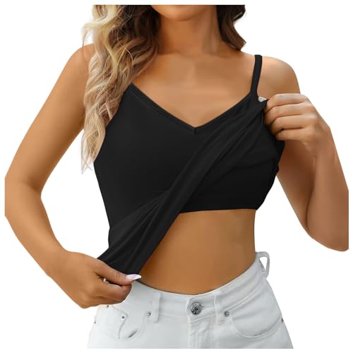 Top Damen, Unterhemden Damen Top mit Integriertem BH V Ausschnitt Ohne Bügel Gepolstert Spaghetti Tank Top Bequeme BH Hemd Einfarbig Tops Für Damen mit Cups BH Integriert Unterhemd Tanktops von Generic