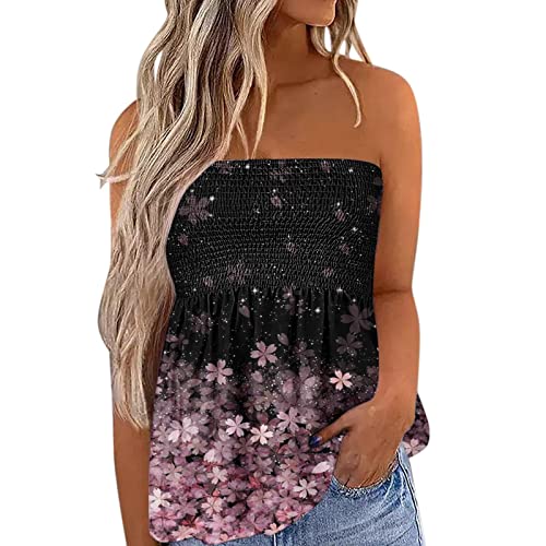 Top Damen Bandeau Tunika Tank Top Mode Strapless Sommer Sexy Tube Boho Boob Gefaltet Plissee Volant Frauen Bustier Trägerlos Schulterfrei Casual Loose Sommertop Oberteile Bluse Shirt Weste Tops von Generic