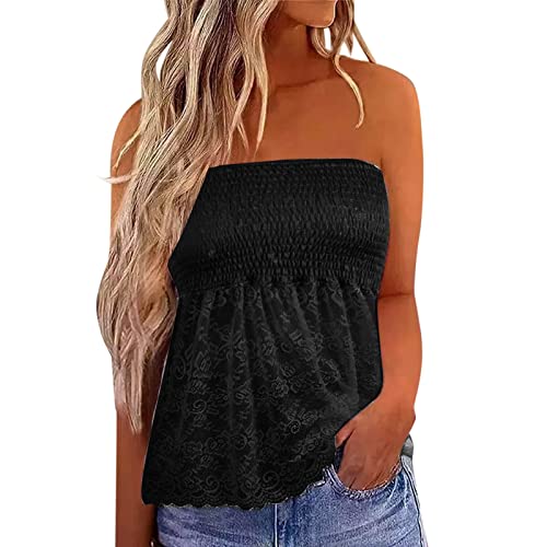 Top Damen Bandeau Tunika Tank Top Mode Strapless Sommer Sexy Tube Boho Boob Gefaltet Plissee Volant Frauen Bustier Trägerlos Schulterfrei Casual Loose Sommertop Oberteile Bluse Shirt Weste Tops von Generic