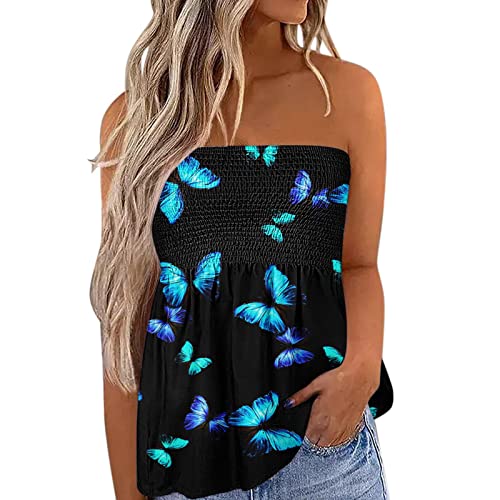 Top Damen Bandeau Tunika Tank Top Mode Strapless Sommer Sexy Tube Boho Boob Gefaltet Plissee Volant Frauen Bustier Trägerlos Schulterfrei Casual Loose Sommertop Oberteile Bluse Shirt Weste Tops von Generic