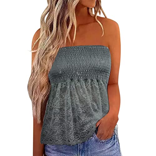 Top Damen Bandeau Tunika Tank Top Mode Strapless Sommer Sexy Tube Boho Boob Gefaltet Plissee Volant Frauen Bustier Trägerlos Schulterfrei Casual Loose Sommertop Oberteile Bluse Shirt Weste Tops von Generic