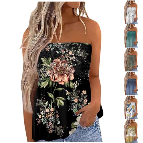 Top Damen Bandeau Tunika Tank Top Mode Strapless Sommer Sexy Tube Boho Boob Gefaltet Plissee Volant Frauen Bustier Trägerlos Schulterfrei Casual Loose Sommertop Oberteile Bluse Shirt Weste Tops von Generic