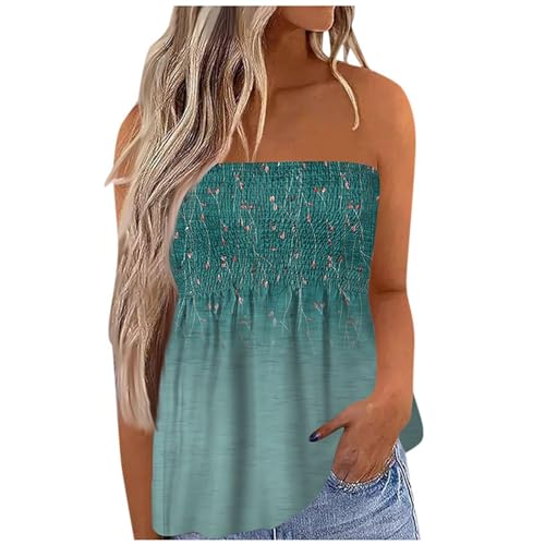 Top Damen Bandeau Tunika Tank Top Mode Strapless Sommer Sexy Tube Boho Gefaltet Plissee Volant Frauen Bustier Trägerlos Schulterfrei Casual Loose Sommertop Oberteile Bluse Shirt Weste (Grün #1, XL) von Generic
