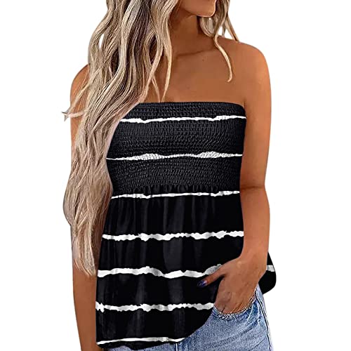 Top Damen Bandeau Tunika Tank Top Mode Strapless Sommer Sexy Tube Boho Gefaltet Plissee Volant Frauen Bustier Trägerlos Schulterfrei Casual Loose Sommertop Oberteile Bluse Shirt Weste (K-Black, S) von Generic