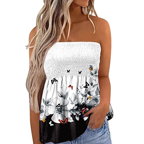 Top Damen Bandeau Tunika Tank Top Mode Strapless Sommer Sexy Tube Boho Gefaltet Plissee Volant Frauen Bustier Trägerlos Schulterfrei Casual Loose Sommertop Oberteile Bluse Shirt Weste (K-Dark Gray, M) von Generic