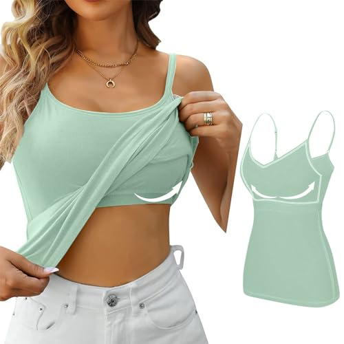 Top Damen Elegant Einfarbig Ärmelloses U-Ausschnitt Spaghetti Top mit Eingebauter BH Gepolstert Verstellbare Spaghettiträger Tank Tops mit Integriertem Lässige Cami Tanks Fitting Yoga BH von Generic