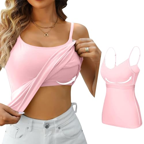 Top Damen Elegant Einfarbig Ärmelloses U-Ausschnitt Spaghetti Top mit Eingebauter BH Gepolstert Verstellbare Spaghettiträger Tank Tops mit Integriertem Lässige Cami Tanks Fitting Yoga BH von Generic