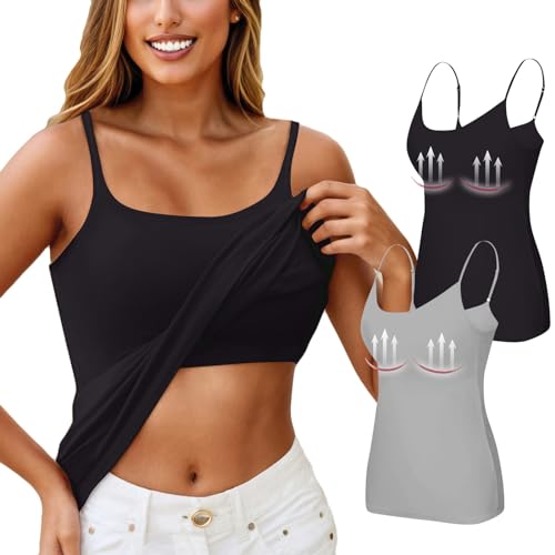 Top Mit Integriertem BH Spaghetti Basic Shirt Damen Tops Sommer Unterhemden Damen Rip Top Racerback Sporttop Mit Integriertem BH Weiß Tank Spaghetti Top Damen Tshirt Shirts (A02 Schwarz,M) von Generic