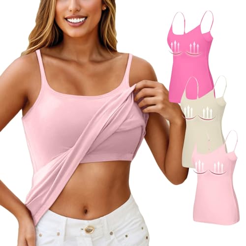 Top Mit Integriertem BH Spaghettiträger Damen Trägertop Basic Shirt Unterhemden Damen 2 In 1 Shorts Top Mit Spitze Sport Tank Summer Tanktop Spaghetti Top Damen Unterhemden Lang (A17 Rosa,M) von Generic