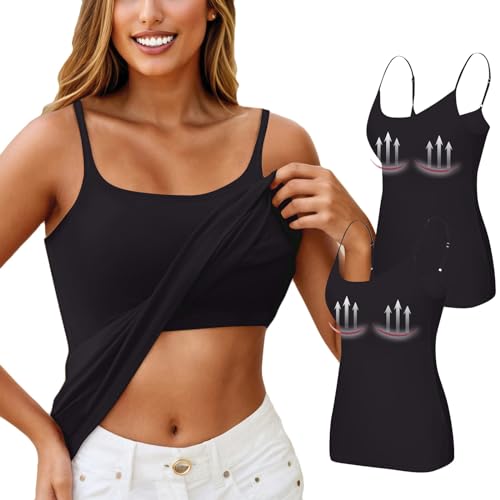 Top Mit Integriertem BH Tops Für Damen Tank Tanktop Unterhemden Damen Top Mit Spitze Bustier Baumwolle 2 In 1 Shorts Hemd Extra Lang Spaghetti Top Damen Tank Mit Integriertem (A14 Schwarz,S) von Generic