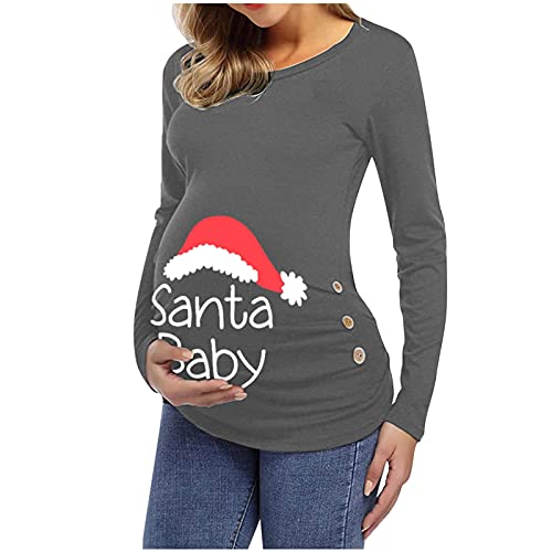 Top Weihnachtskleid Druck Brief Umstandshülse Tunika Damen Schwangerschaft T-Shirt Lange lässige Umstandsbluse Schwanger Kleidung (Grey, XL) von Generic