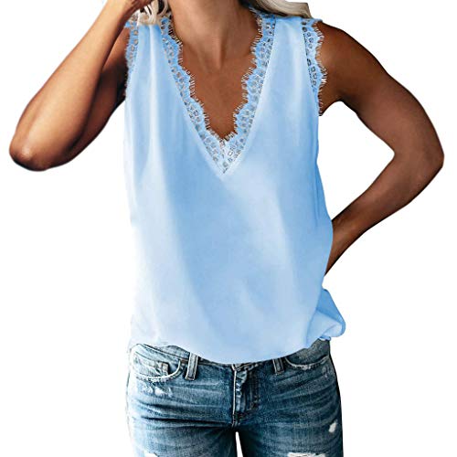 Tops Damen Ärmellose Bluse V-Ausschnitt Unterhemden Spaghettiträger mit Spitzen Elegant Sexy Tank Top Weste Oberteile Blusentop Sommer Chiffon Tunika Casual Tops Hemdbluse Shirts Hemd von Generic