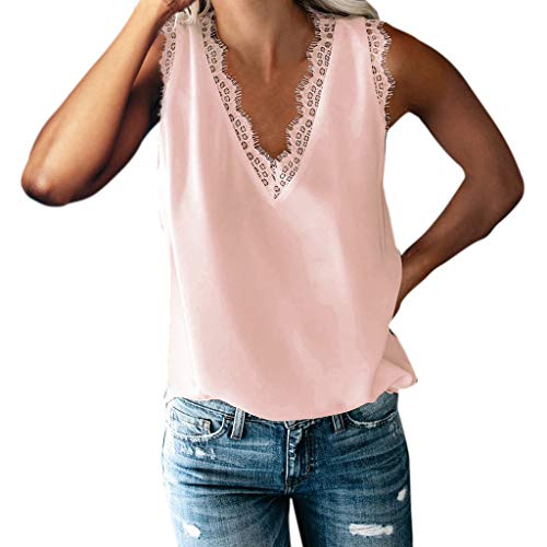 Tops Damen Ärmellose Bluse V-Ausschnitt Unterhemden Spaghettiträger mit Spitzen Elegant Sexy Tank Top Weste Oberteile Blusentop Sommer Chiffon Tunika Casual Tops Hemdbluse Shirts Hemd von Generic