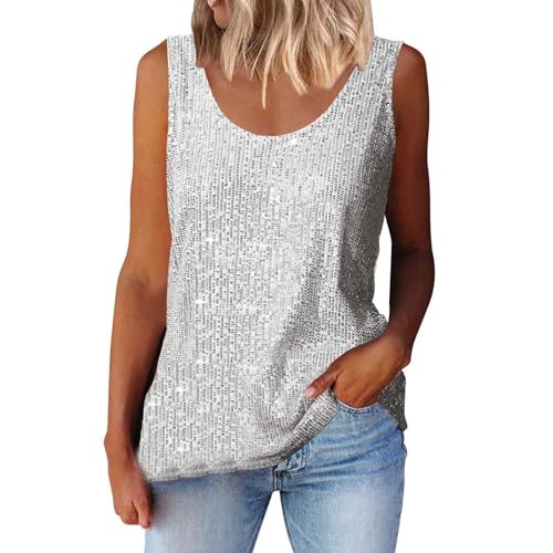 Tops Damen Glitzer Pailletten Tank Tops Oberteil Party Pailletten-Top U-Ausschnitt Pailletten ärmellos Tank-Top Sparkle Top Pailletten Trägershirt Blusen Metallic Top Shirt Elegant Ärmellose Weste von Generic