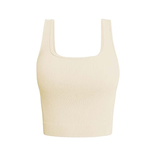 Tops Damen Sexy Ärmellos Oberteile Sommer Tank Top Damen Tank Tops ärmellos Basic gerippt schlank Stricken Stretch Shirt Damen-Tanktop, einfarbig, ärmellos, bauchfrei, mit Riemchen, (Beige, M) von Generic