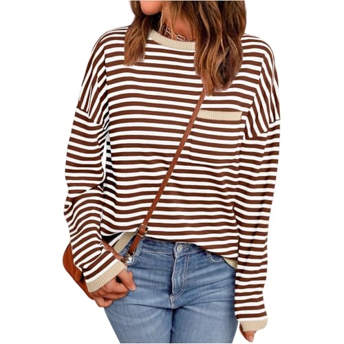 Tops für Damen Langarmshirt Damen Freizeit Streetwear Oversize Pulli Streifen Sweatshirt mit Knopf Brusttasche Weite Passform Gestrickte Abschlüsse Herbst M Brown von Generic