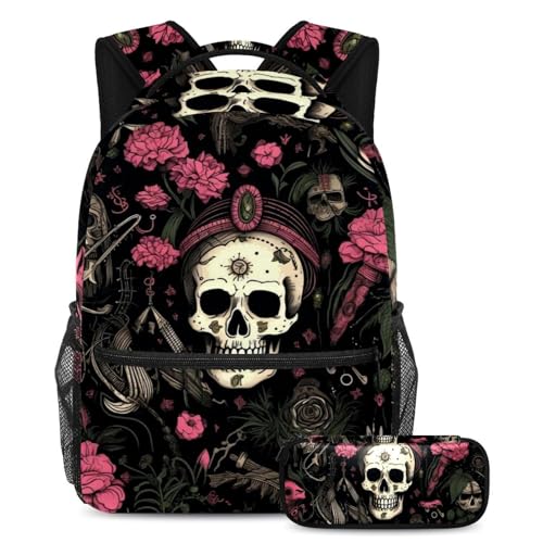 Totenkopf-Punk-Stil bleiben Sie stilvoll mit unserem 2-teiligen Kinder-Schultaschen-Set, Rucksack und Federmäppchen, Mehrfarbig Nr. 01, B：29.4x20x40cm P：19x7.5x3.8cm, Tagesrucksäcke von Generic