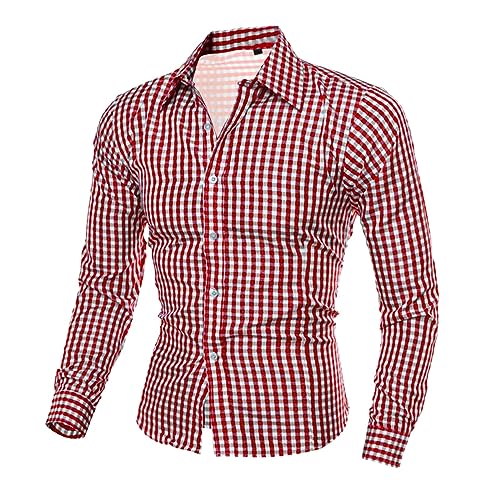 Trachten Hemden Herren Kariertes Hemd Langarm Oberteil Oktoberfest Festhemd Klassiker Umlegekragen Hemdkragen Button Down Holzfällerhemd Regular Fit Freizeithemd für Männer Rot M von Generic