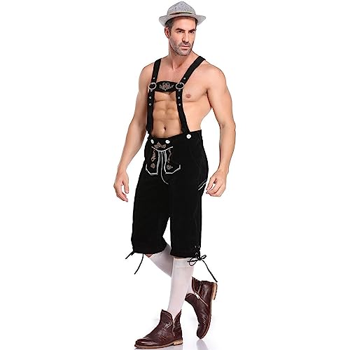 Trachten Lederhose Herren, Trachten Herren Lederhose Knielang Echtledertrachtenhose mit Trägern Für Oktoberfest, Feierlichkeiten und Events Bayerisches Halloween Karneval Trachten Hose von Generic