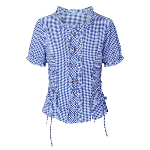 Trachtenbluse Damen,Karierte Bluse Damen Oktoberfest Outfit Volksfest Karneval Traditionelle Dirndl Bluse Moderen Trachten Oberteil Trachtenshirt Trachten Bluse mit Stehkragen & (B Blue, XXL) von Generic