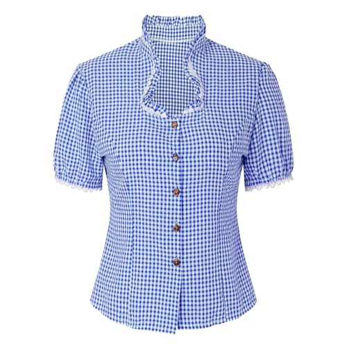 Trachtenbluse Damen,Karierte Bluse Damen Oktoberfest Outfit Volksfest Karneval Traditionelle Dirndl Bluse Moderen Trachten Oberteil Trachtenshirt mit Stehkragen & Herzknöpfen von Generic