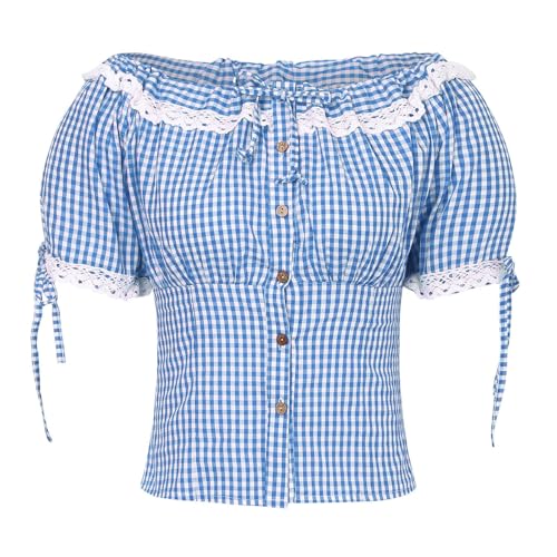 Trachtenbluse Damen,Karierte Bluse Damen Oktoberfest Outfit Volksfest Karneval Traditionelle Dirndl Bluse Moderen Trachten Oberteil Trachtenshirt mit Stehkragen & Herzknöpfen von Generic