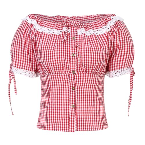 Trachtenbluse Damen,Karierte Bluse Damen Oktoberfest Outfit Volksfest Karneval Traditionelle Dirndl Bluse Moderen Trachten Oberteil Trachtenshirt mit Stehkragen & Herzknöpfen von Generic