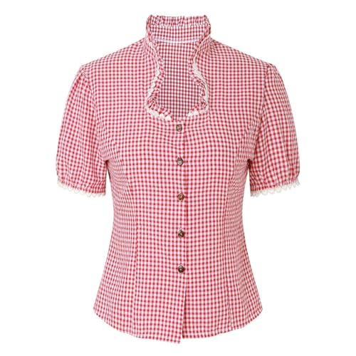 Trachtenbluse Damen,Karierte Bluse Damen Oktoberfest Outfit Volksfest Karneval Traditionelle Dirndl Bluse Moderen Trachten Oberteil Trachtenshirt mit Stehkragen & Herzknöpfen von Generic