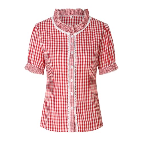Trachtenbluse Damen,Karierte Bluse Damen Oktoberfest Outfit Volksfest Karneval Traditionelle Dirndl Bluse Moderen Trachten Oberteil Trachtenshirt mit Stehkragen & Herzknöpfen von Generic