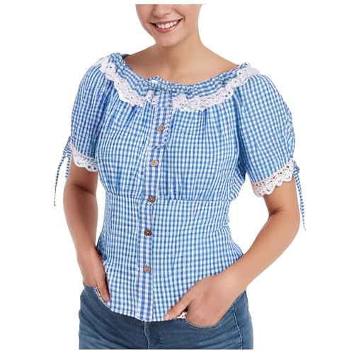 Trachtenbluse Damen Dirndl Bluse Damen Kurzarm Dirndlbluse Rot Kariert DirndlBlusen V Ausschnitt Trachtenblusen - Traditionelle, Oktoberfest Kostüm Elegante Trachten Bluse (ZZZZA-Sky Blue, XXL) von Generic