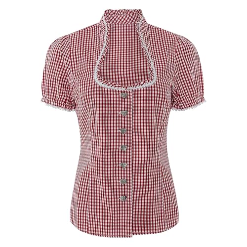 Trachtenbluse Damen Dirndl Bluse Damen Kurzarm Dirndlbluse Rot Kariert DirndlBlusen V Ausschnitt Trachtenblusen - Traditionelle, Oktoberfest Kostüm Elegante Trachten Bluse (Zz902B-Red, XL) von Generic