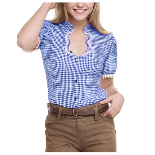 Trachtenbluse Damen Oktoberfest Outfit Bayrische Karierte Bluse Oberteil Trachten Hemd Trachtenshirt Dirndl Große Größen von Generic