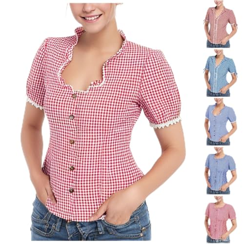 Trachtenbluse Damen Rot/Weiss Kariert Taillierte Trachten Bluse Kurzarm Trachtenmode Oktoberfest Outfit Traditionelle Dirndl Bluse Moderen Bayerische Trachten Oberteil Trachtenshirt von Generic