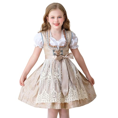 Trachtenfee Mädchen Bayern Dirndl Kleid mit passender Schürze Bluse Traditionelles Fest Outfit für Kleine Oktoberfest Gäste Ideal für Karneval Fasching Volksfest (Khaki, 11-12 Years) von Generic