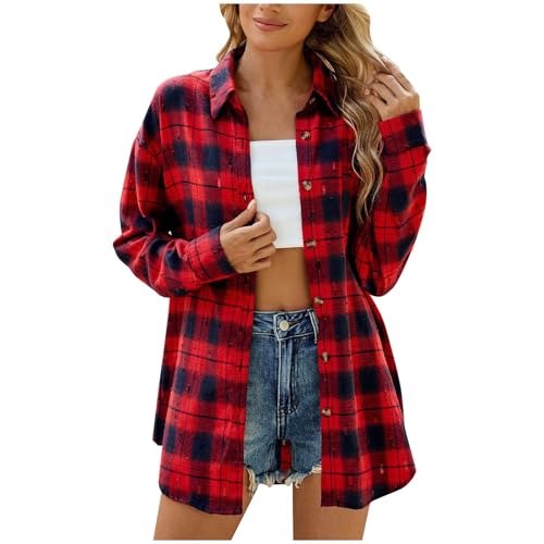 Trachtenhemd Damen Baumwolle Hemdbluse Oktoberfest Kariert Flanellhemden Musselin Hemden Freizeit Fashion Bluse Lässige Holzfällerhemd Langarm Lockere Blusenshirt Angebote 01 Rot S von Generic