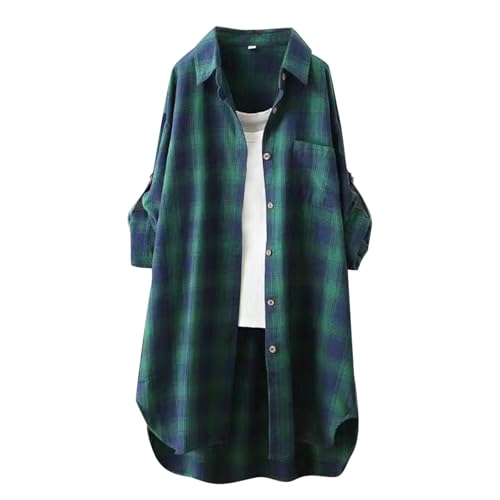 Trachtenhemd Damen Kariertes Tops Oversized Blusenshirt Lässiges Hemdjacke Flanellhemden Button-Down Hemdbluse Flanellhemd Damen Kariert Damen Hemden Kariert Angebot(2-Green,3XL) von Generic