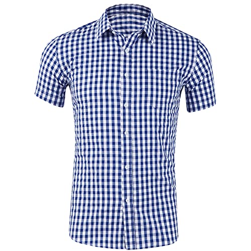 Trachtenhemd Herren Kurzarm-Hemden Oktoberfest Kariertes Flanellhemd holzfäller Hemd Freizeithemd Männer Checked Shirt Freizeit Business Party (Dark Blue, XL) von Generic